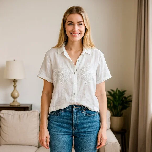 Joie Women XL 100% Linen White Eyelet Short Sleeve Button Crop Shirt Coquette - Picture 1 of 9